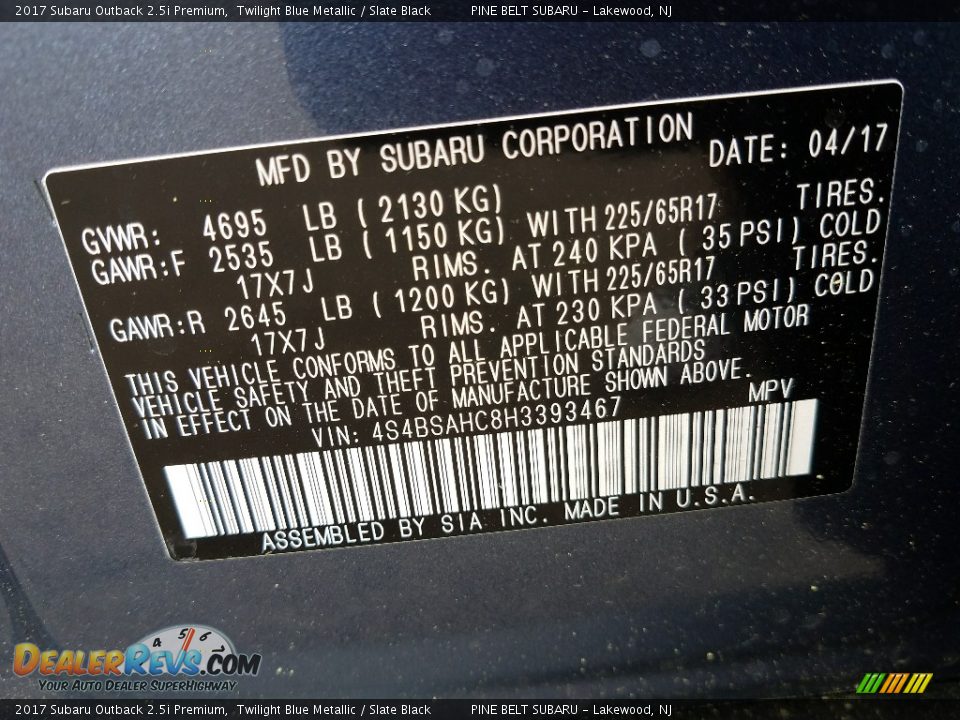 2017 Subaru Outback 2.5i Premium Twilight Blue Metallic / Slate Black Photo #9