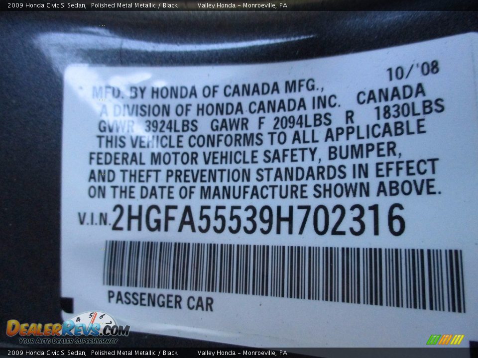 2009 Honda Civic Si Sedan Polished Metal Metallic / Black Photo #19