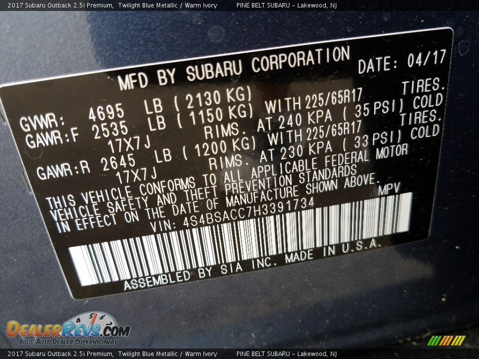 2017 Subaru Outback 2.5i Premium Twilight Blue Metallic / Warm Ivory Photo #9