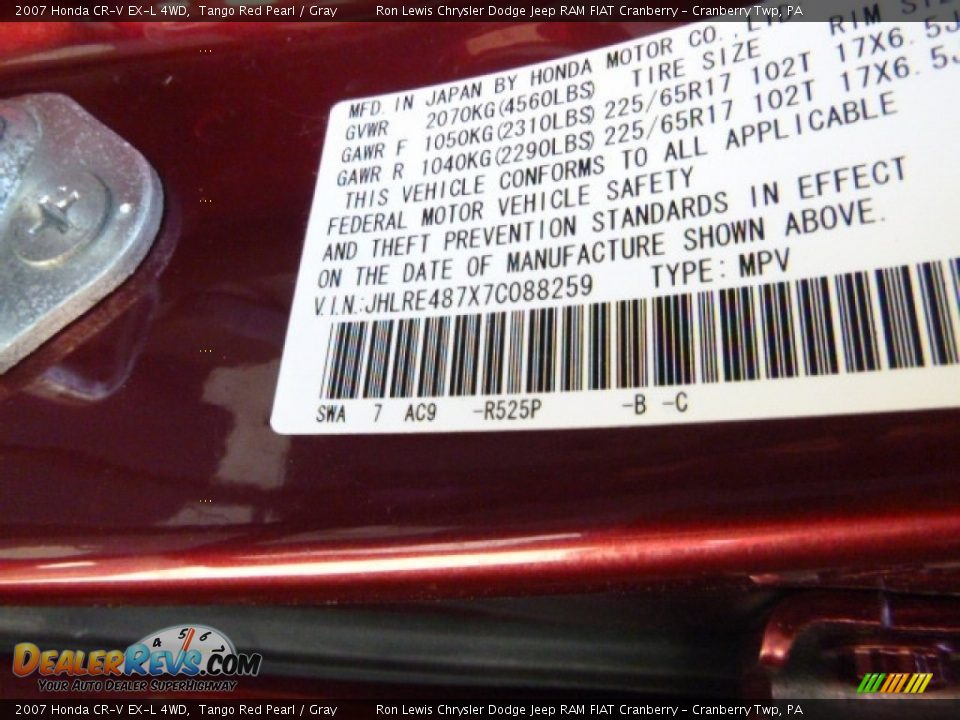 2007 Honda CR-V EX-L 4WD Tango Red Pearl / Gray Photo #17