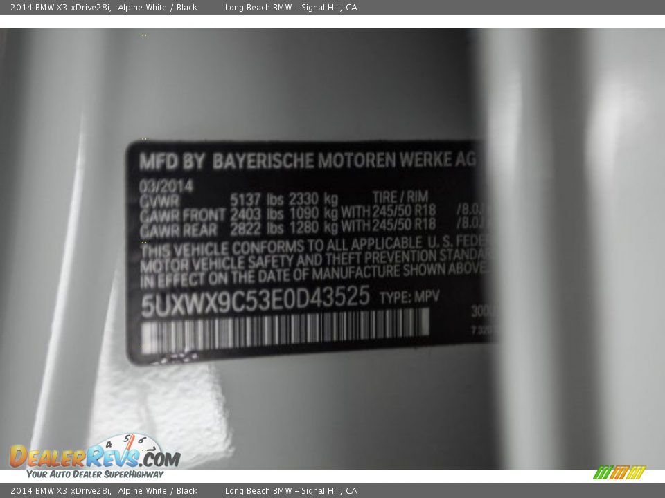 2014 BMW X3 xDrive28i Alpine White / Black Photo #18