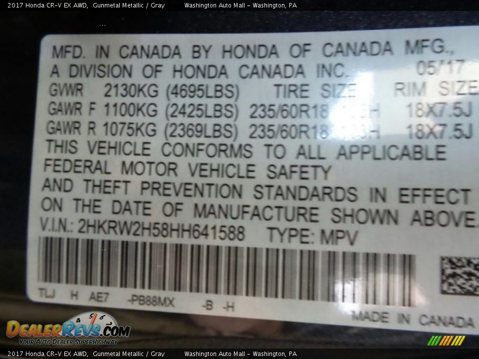 2017 Honda CR-V EX AWD Gunmetal Metallic / Gray Photo #8
