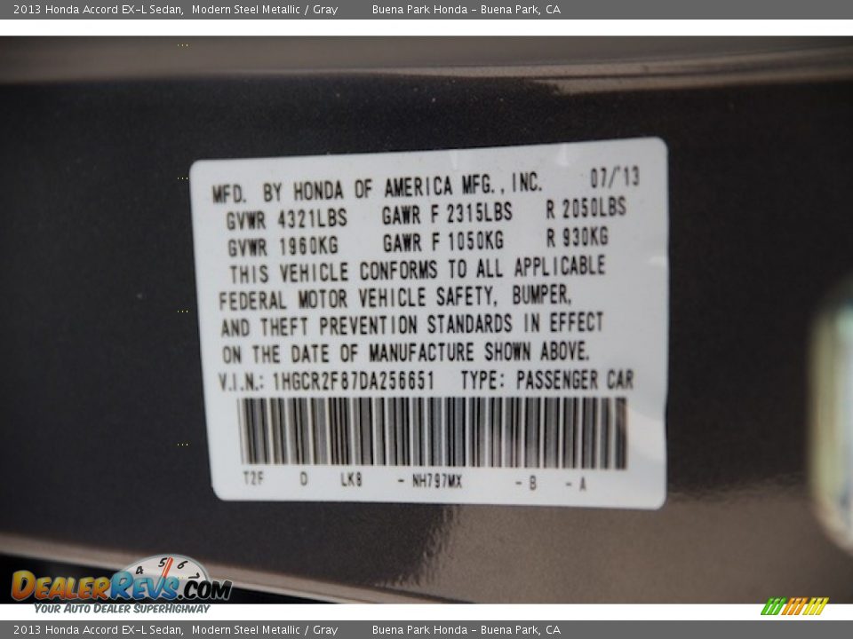 2013 Honda Accord EX-L Sedan Modern Steel Metallic / Gray Photo #33