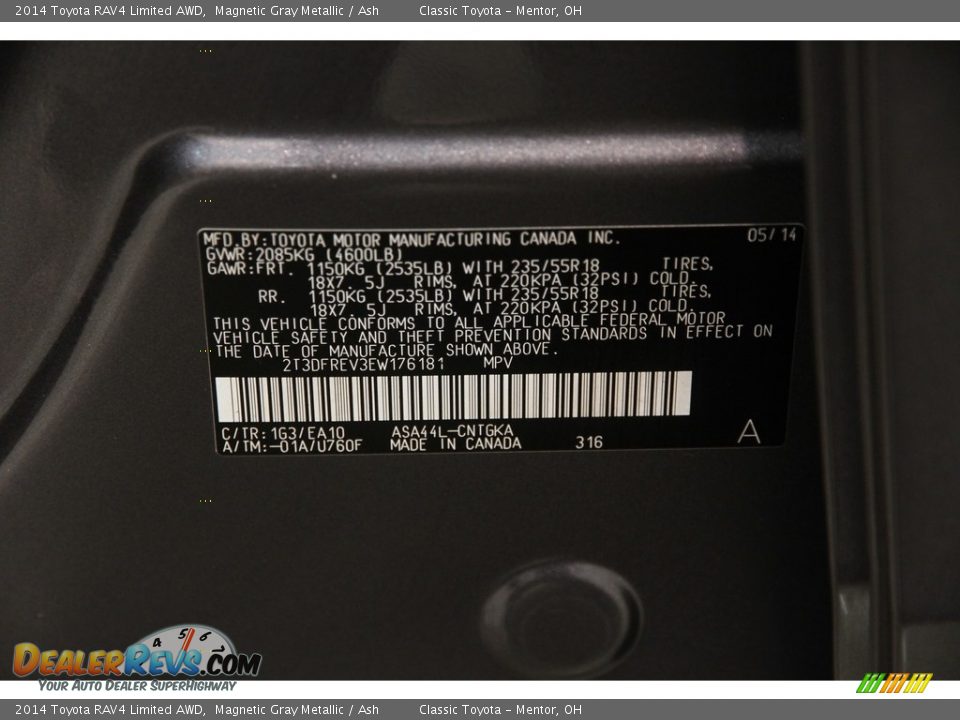 2014 Toyota RAV4 Limited AWD Magnetic Gray Metallic / Ash Photo #17