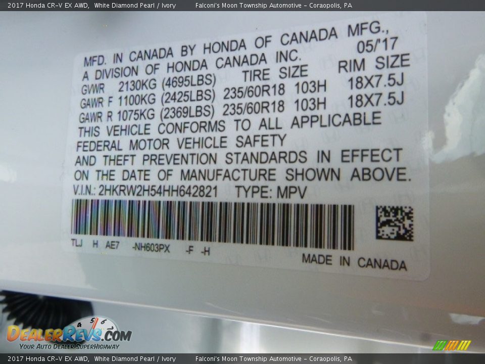 2017 Honda CR-V EX AWD White Diamond Pearl / Ivory Photo #13