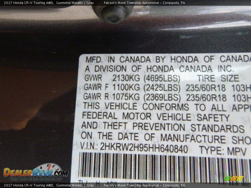 2017 Honda CR-V Touring AWD Gunmetal Metallic / Gray Photo #13