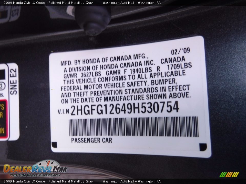 2009 Honda Civic LX Coupe Polished Metal Metallic / Gray Photo #27