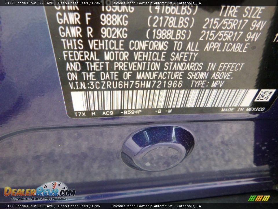 2017 Honda HR-V EX-L AWD Deep Ocean Pearl / Gray Photo #12