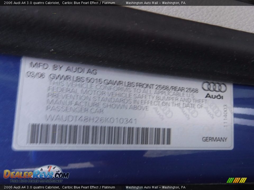 2006 Audi A4 3.0 quattro Cabriolet Caribic Blue Pearl Effect / Platinum Photo #29