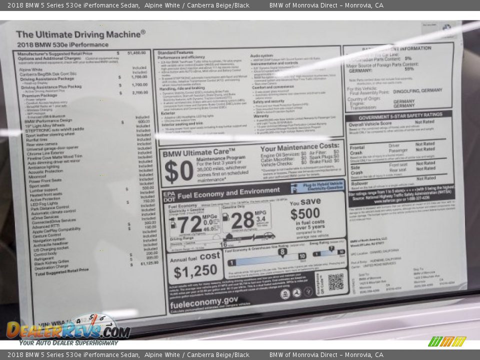 2018 BMW 5 Series 530e iPerfomance Sedan Window Sticker Photo #10