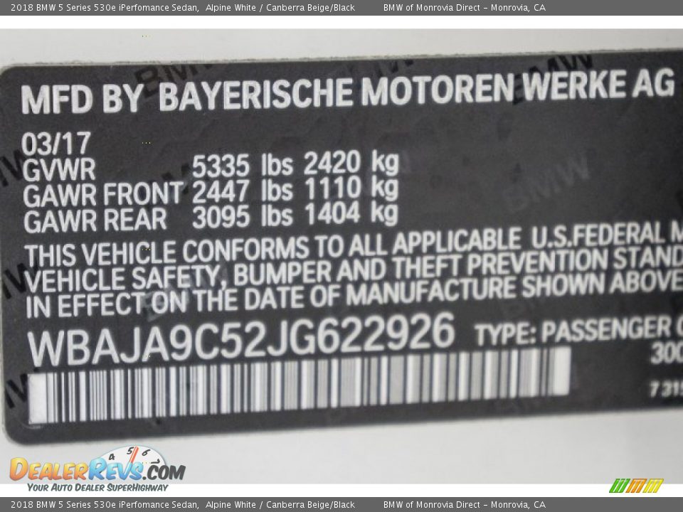 2018 BMW 5 Series 530e iPerfomance Sedan Alpine White / Canberra Beige/Black Photo #11