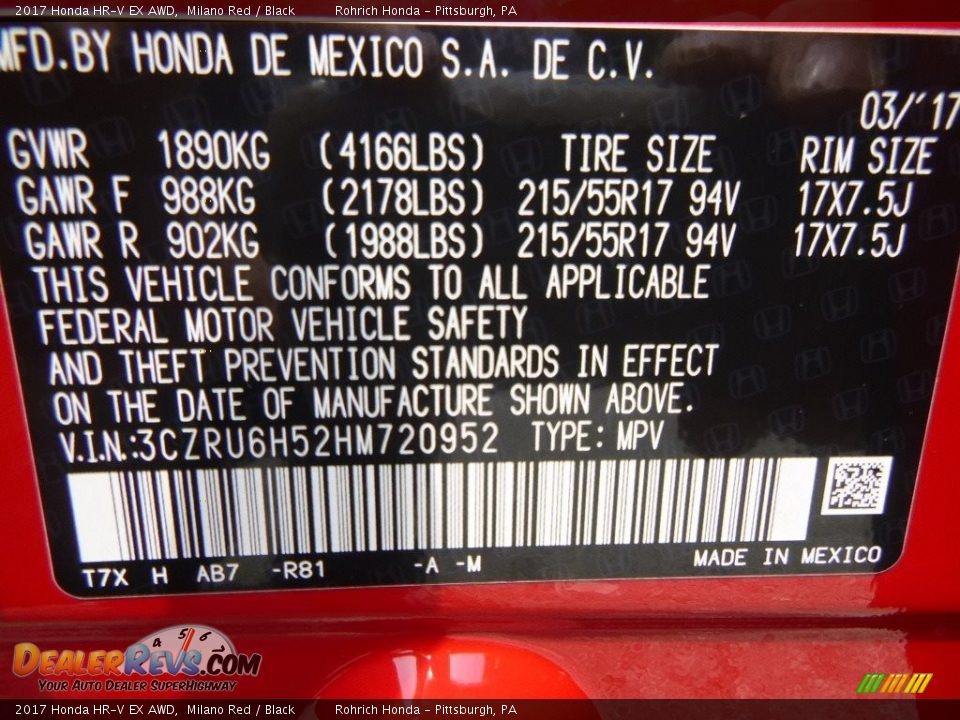 2017 Honda HR-V EX AWD Milano Red / Black Photo #10