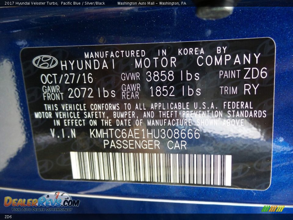 Hyundai Color Code ZD6 Pacific Blue