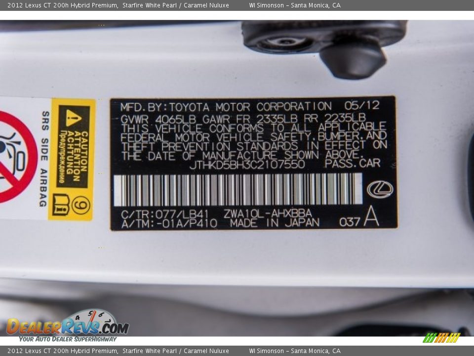 2012 Lexus CT 200h Hybrid Premium Starfire White Pearl / Caramel Nuluxe Photo #31