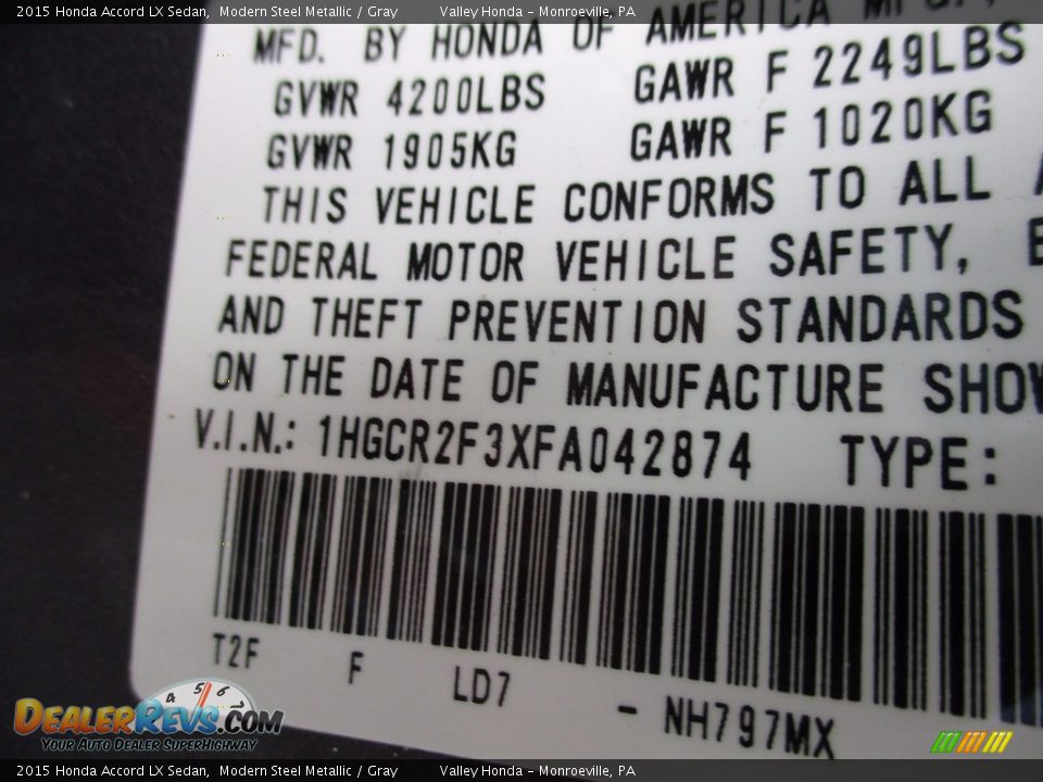 2015 Honda Accord LX Sedan Modern Steel Metallic / Gray Photo #19