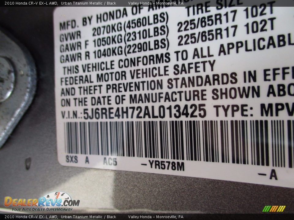 2010 Honda CR-V EX-L AWD Urban Titanium Metallic / Black Photo #19