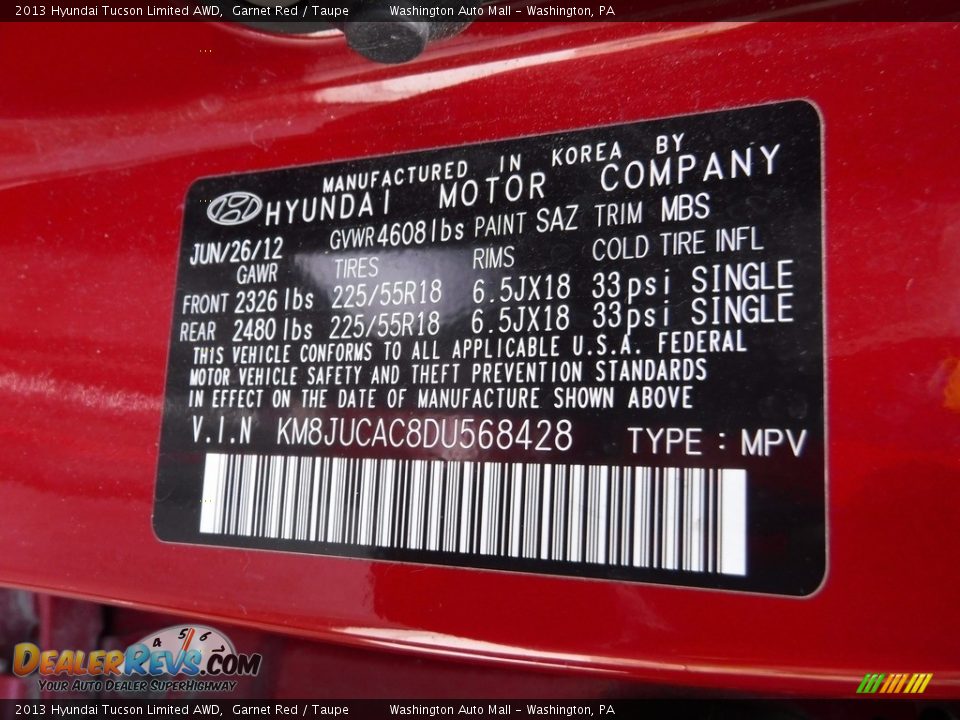 2013 Hyundai Tucson Limited AWD Garnet Red / Taupe Photo #24