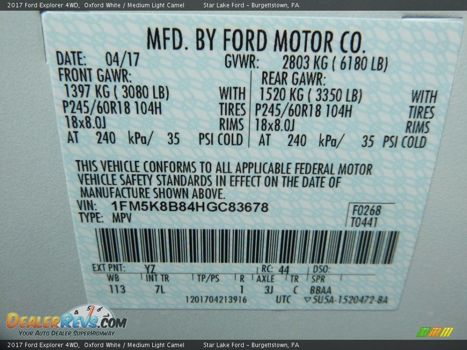 2017 Ford Explorer 4WD Oxford White / Medium Light Camel Photo #16