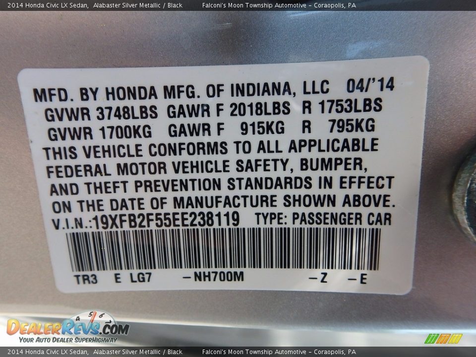 2014 Honda Civic LX Sedan Alabaster Silver Metallic / Black Photo #23