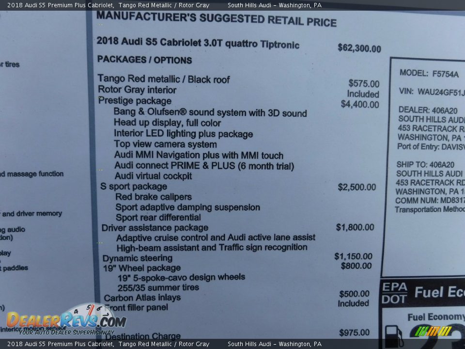 2018 Audi S5 Premium Plus Cabriolet Window Sticker Photo #19