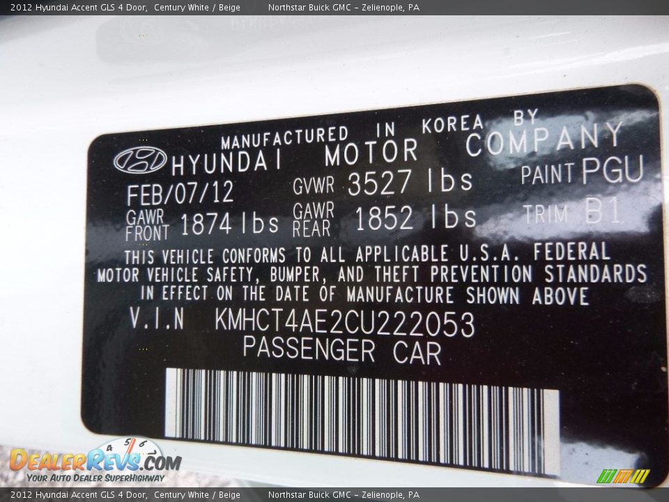 2012 Hyundai Accent GLS 4 Door Century White / Beige Photo #19