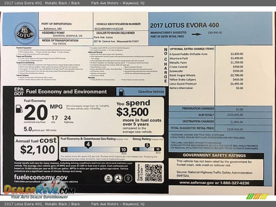 2017 Lotus Evora 400 Window Sticker Photo #31