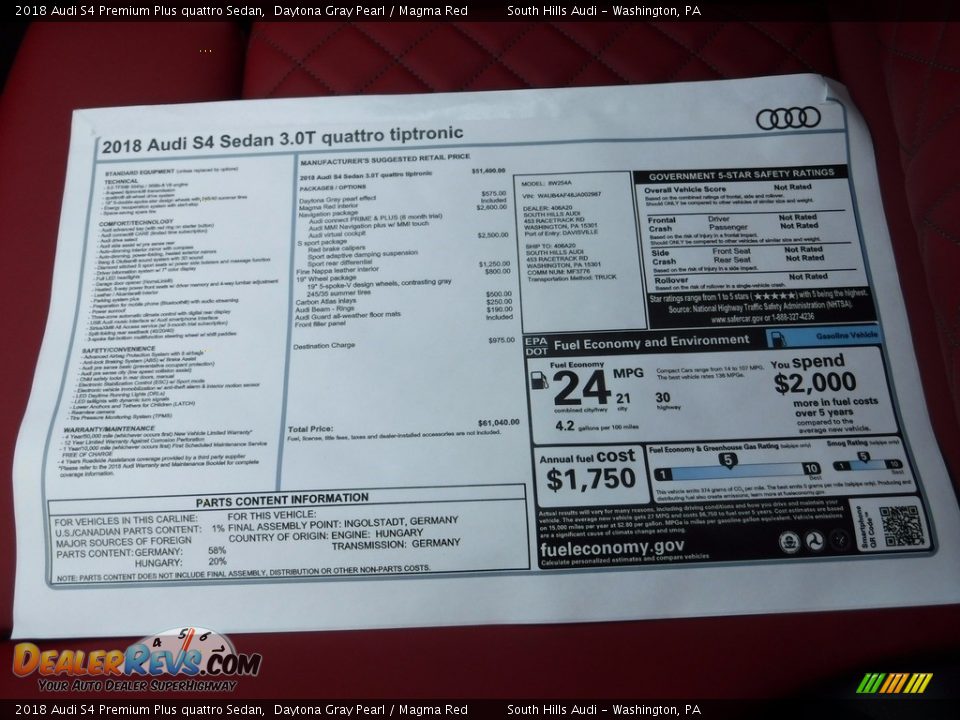 2018 Audi S4 Premium Plus quattro Sedan Window Sticker Photo #10