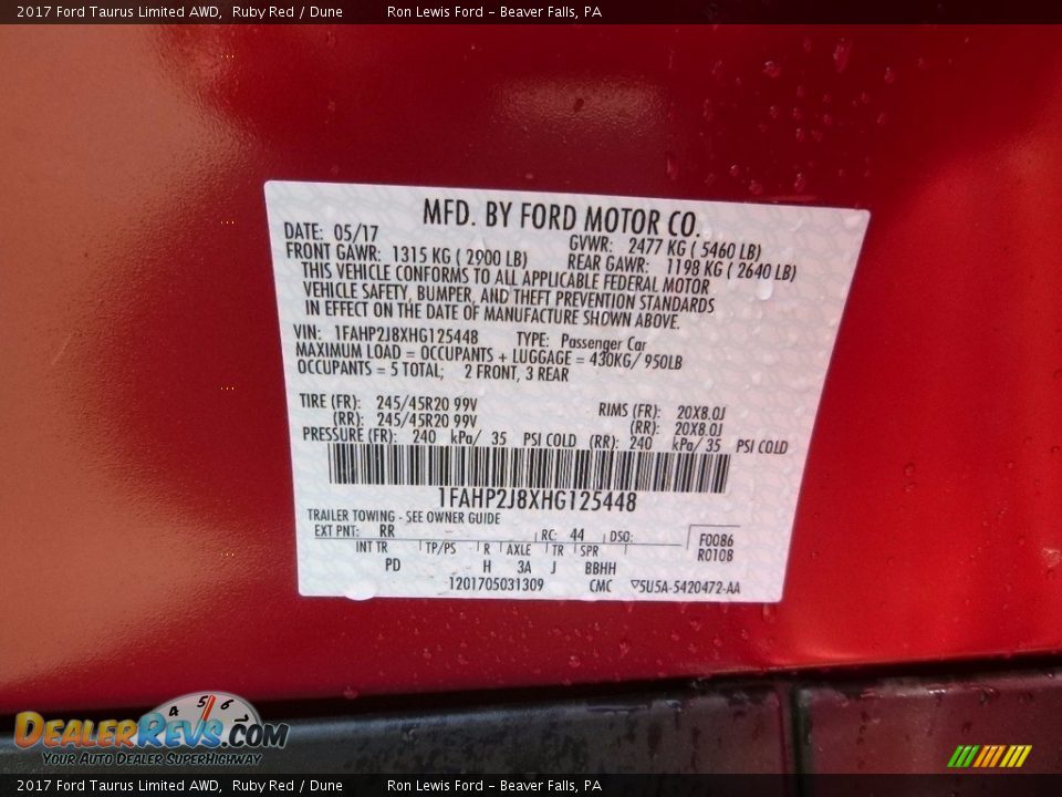 2017 Ford Taurus Limited AWD Ruby Red / Dune Photo #14