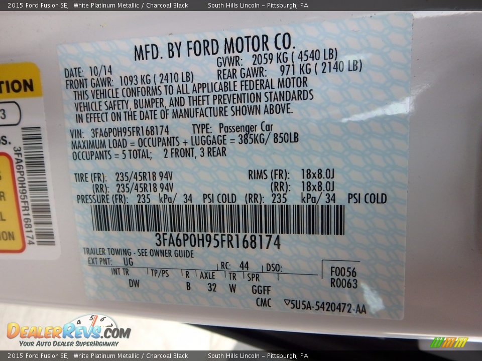 2015 Ford Fusion SE White Platinum Metallic / Charcoal Black Photo #23