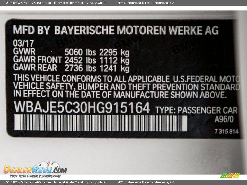 2017 BMW 5 Series 540i Sedan Mineral White Metallic / Ivory White Photo #11
