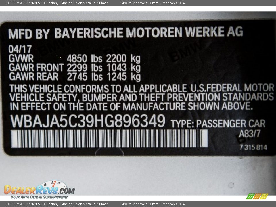 2017 BMW 5 Series 530i Sedan Glacier Silver Metallic / Black Photo #11