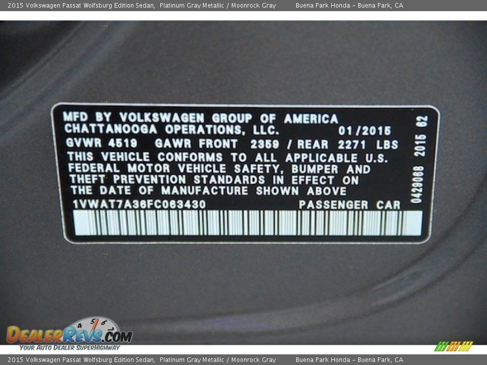2015 Volkswagen Passat Wolfsburg Edition Sedan Platinum Gray Metallic / Moonrock Gray Photo #30
