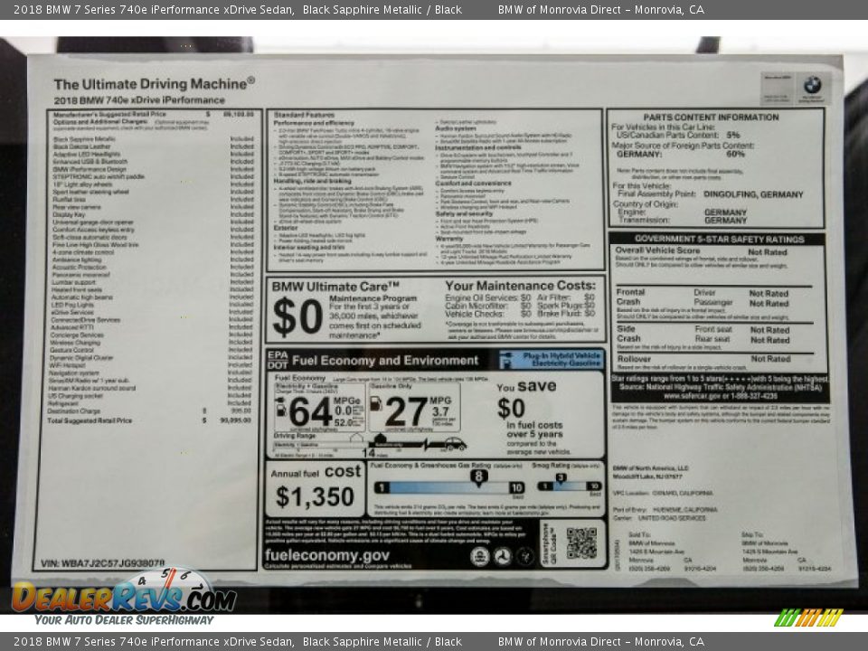 2018 BMW 7 Series 740e iPerformance xDrive Sedan Black Sapphire Metallic / Black Photo #10