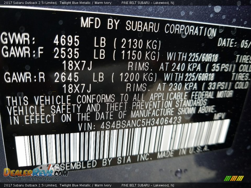 2017 Subaru Outback 2.5i Limited Twilight Blue Metallic / Warm Ivory Photo #7