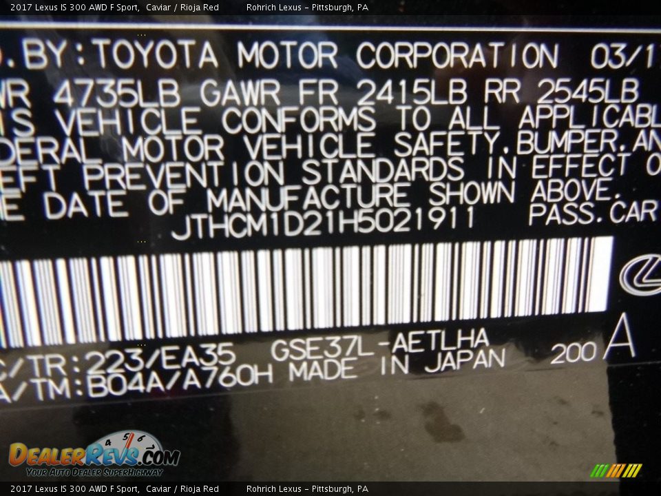 2017 Lexus IS 300 AWD F Sport Caviar / Rioja Red Photo #10
