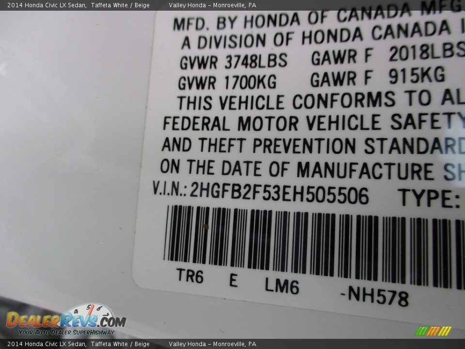 2014 Honda Civic LX Sedan Taffeta White / Beige Photo #19