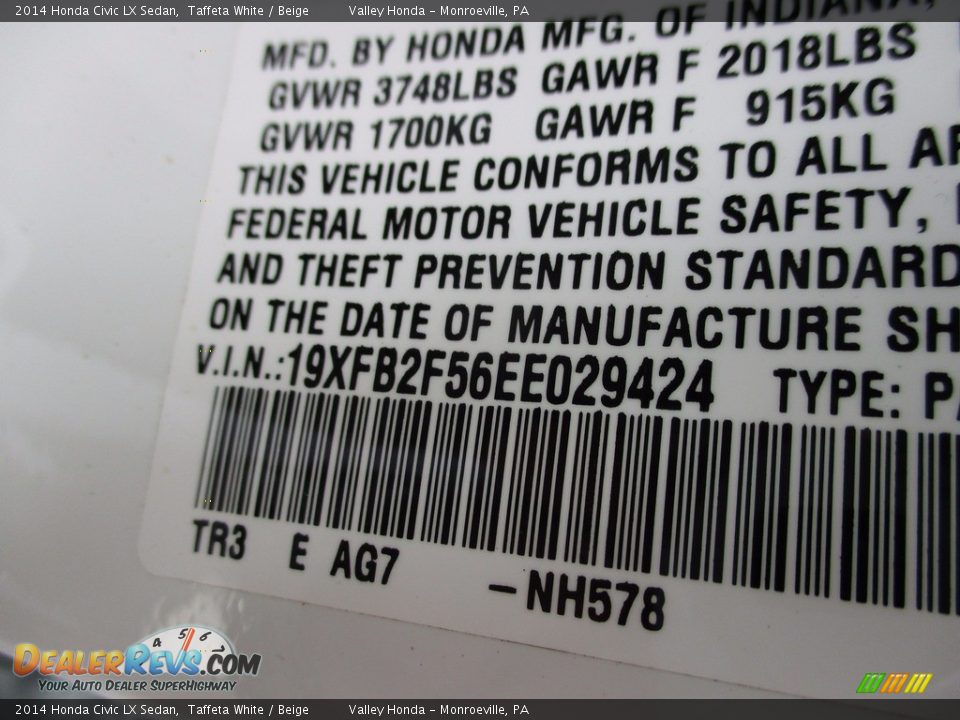 2014 Honda Civic LX Sedan Taffeta White / Beige Photo #19