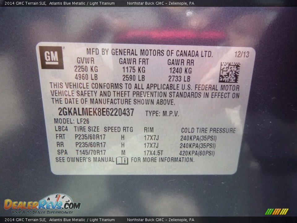2014 GMC Terrain SLE Atlantis Blue Metallic / Light Titanium Photo #21