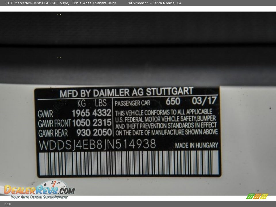 Mercedes-Benz Color Code 650 Cirrus White