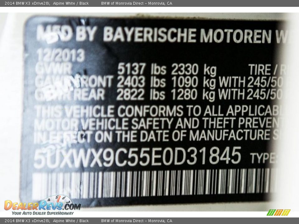 2014 BMW X3 xDrive28i Alpine White / Black Photo #22