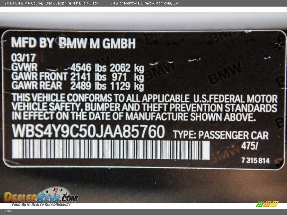 BMW Color Code 475 Black Sapphire Metallic