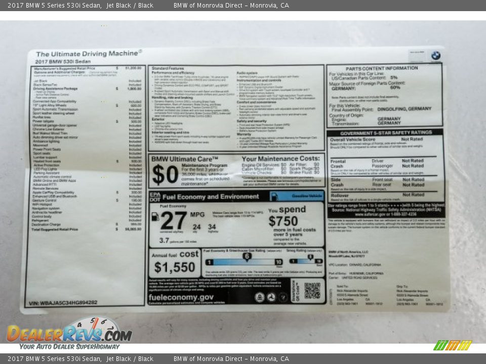 2017 BMW 5 Series 530i Sedan Jet Black / Black Photo #10