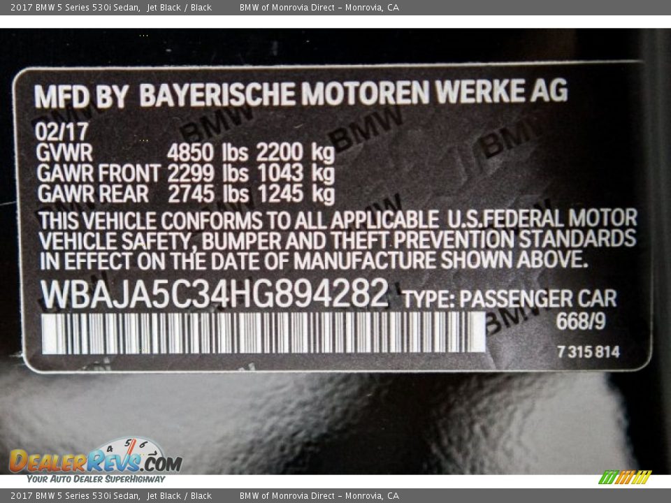 2017 BMW 5 Series 530i Sedan Jet Black / Black Photo #11