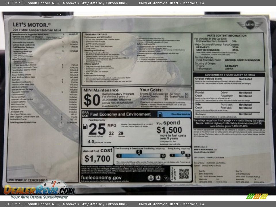 2017 Mini Clubman Cooper ALL4 Window Sticker Photo #10