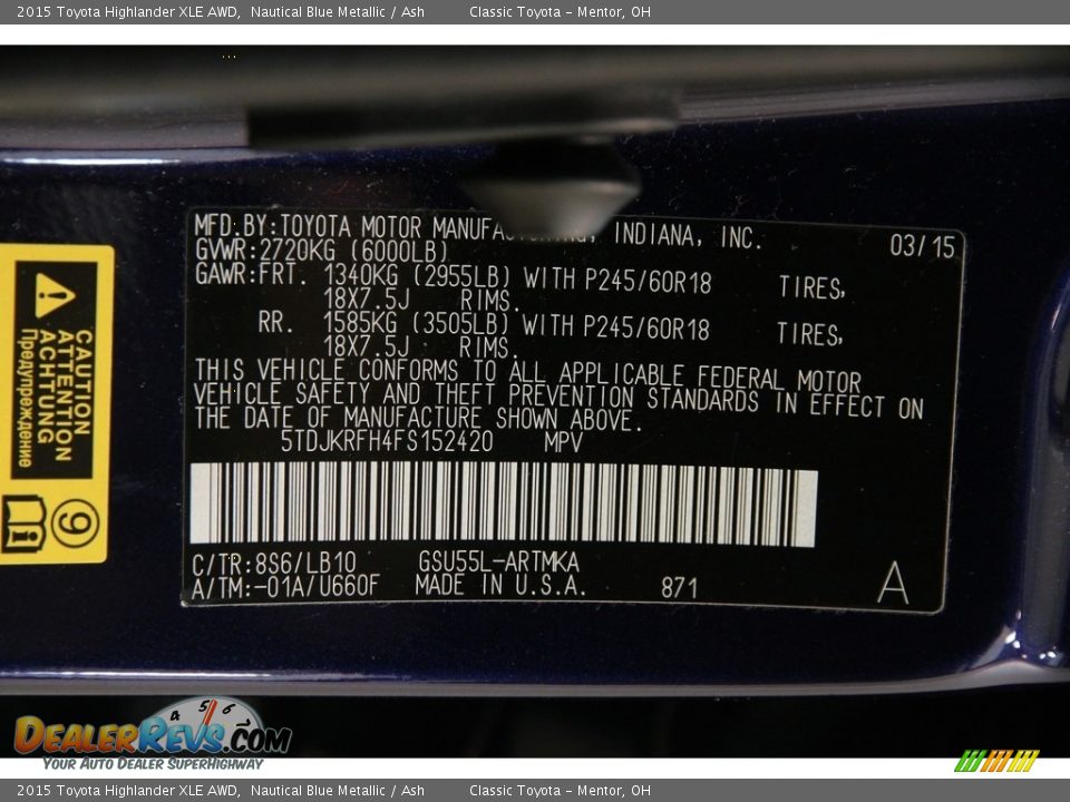 2015 Toyota Highlander XLE AWD Nautical Blue Metallic / Ash Photo #22