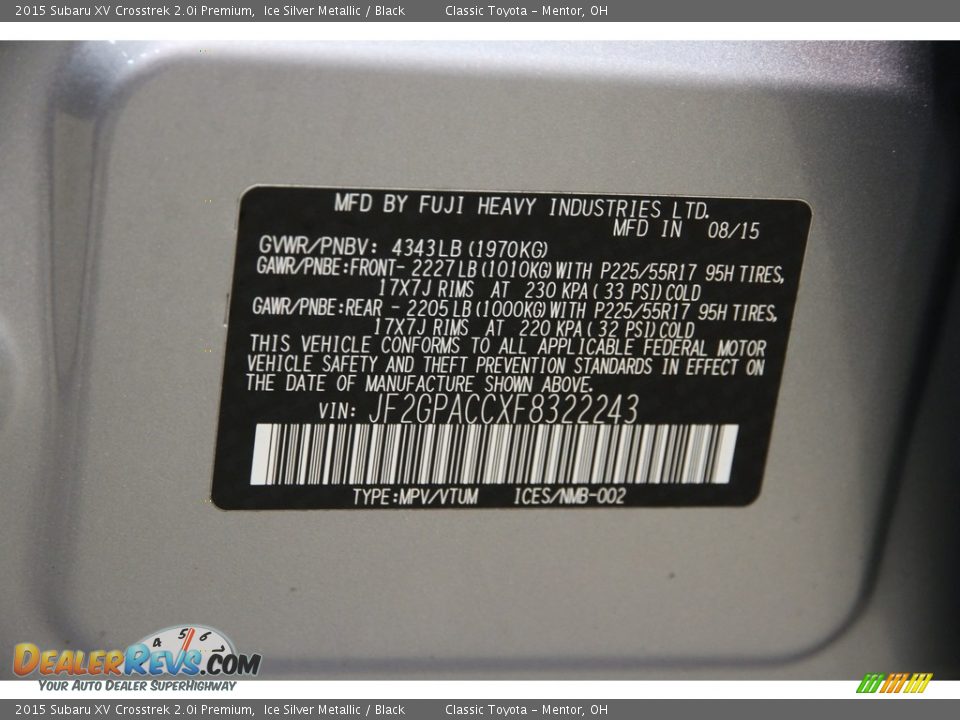 2015 Subaru XV Crosstrek 2.0i Premium Ice Silver Metallic / Black Photo #20