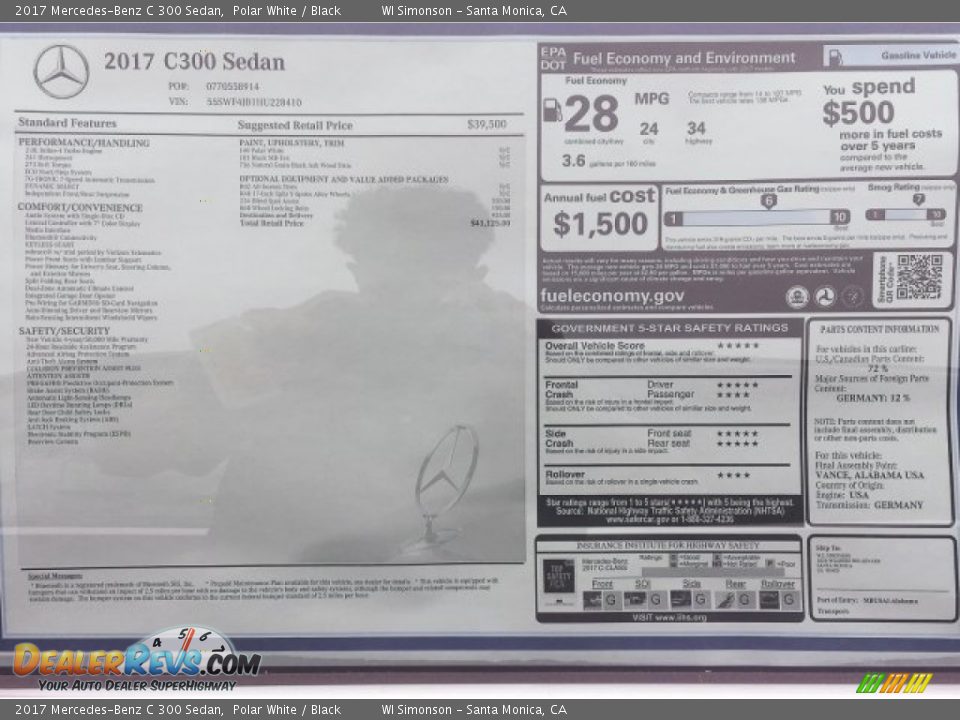 2017 Mercedes-Benz C 300 Sedan Polar White / Black Photo #11