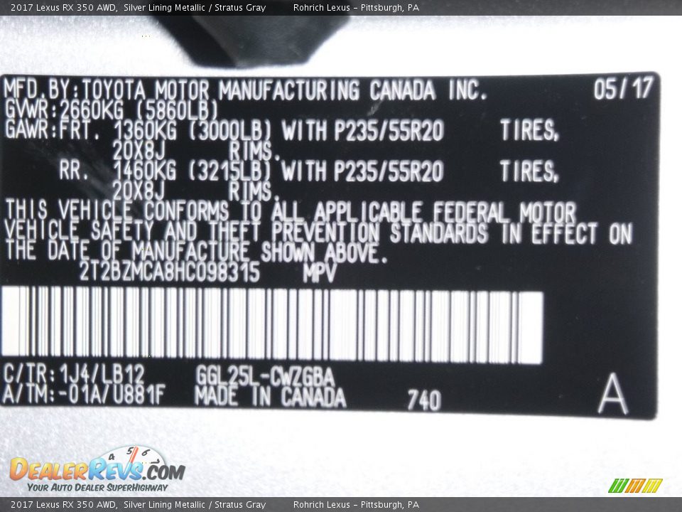 2017 Lexus RX 350 AWD Silver Lining Metallic / Stratus Gray Photo #10