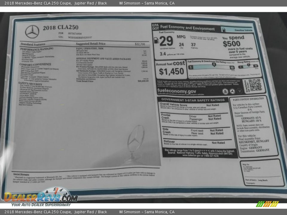 2018 Mercedes-Benz CLA 250 Coupe Window Sticker Photo #11