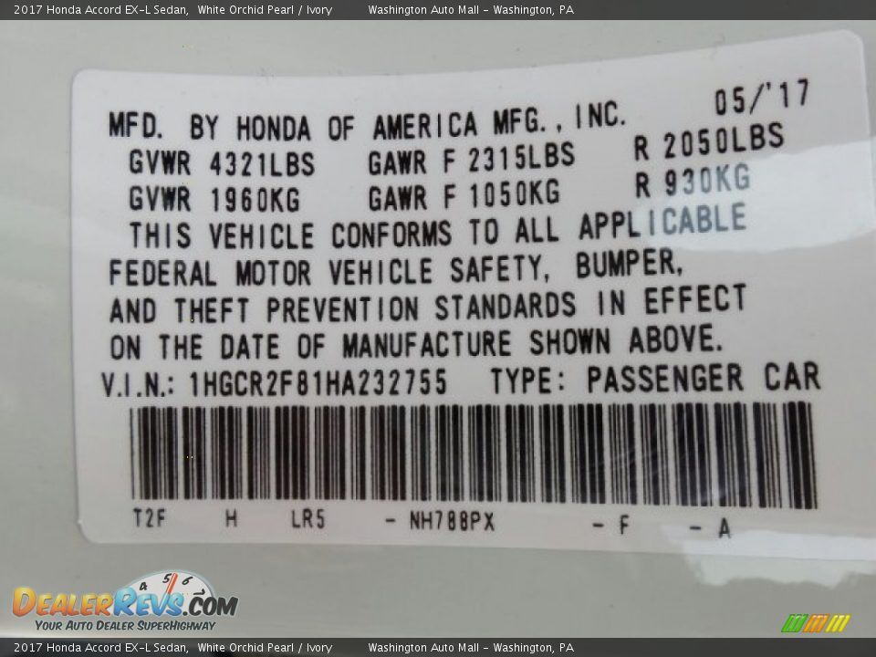 2017 Honda Accord EX-L Sedan White Orchid Pearl / Ivory Photo #8